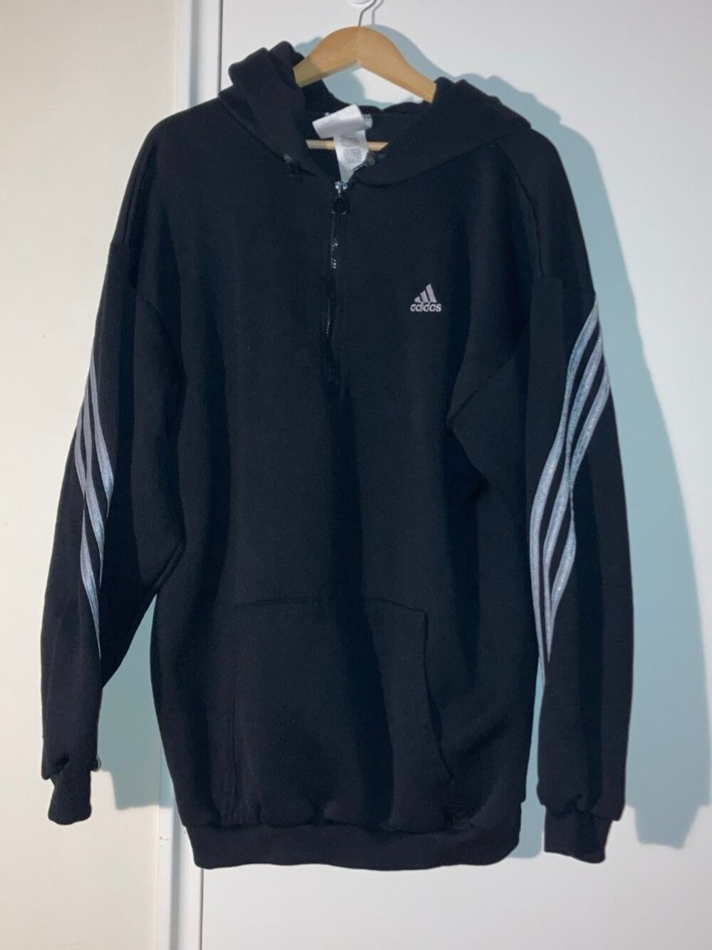 Adidas Vintage Pullover Hoodie Sweatshirt 1/4 Zip 3 Stripe Black Mens Sz XL Tall